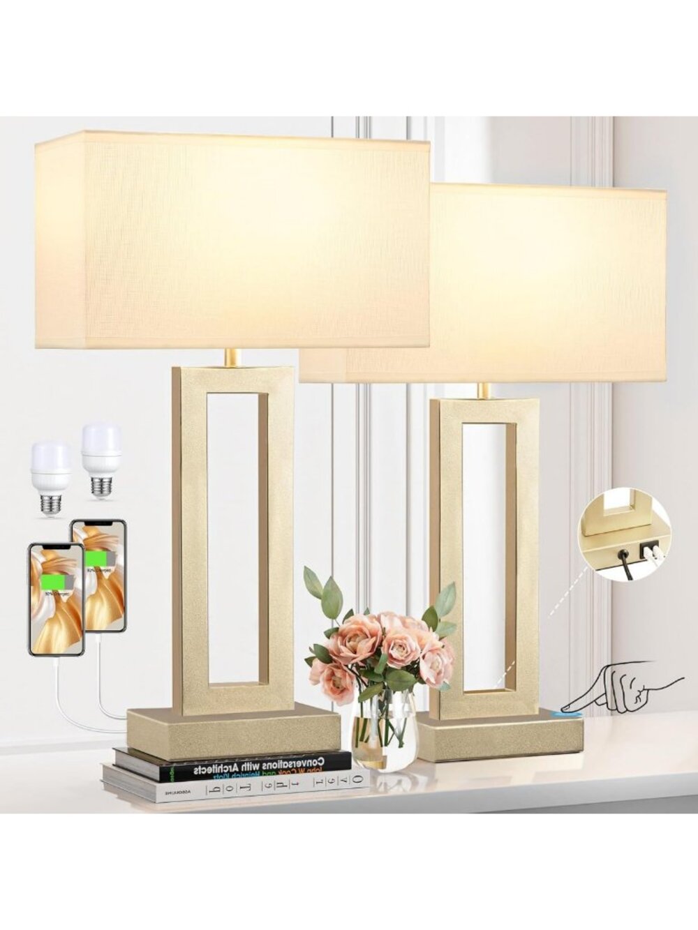 22" Tall Dimmable Touch Lamp with USB C+A for Nightstand - Gold Accent Lighting